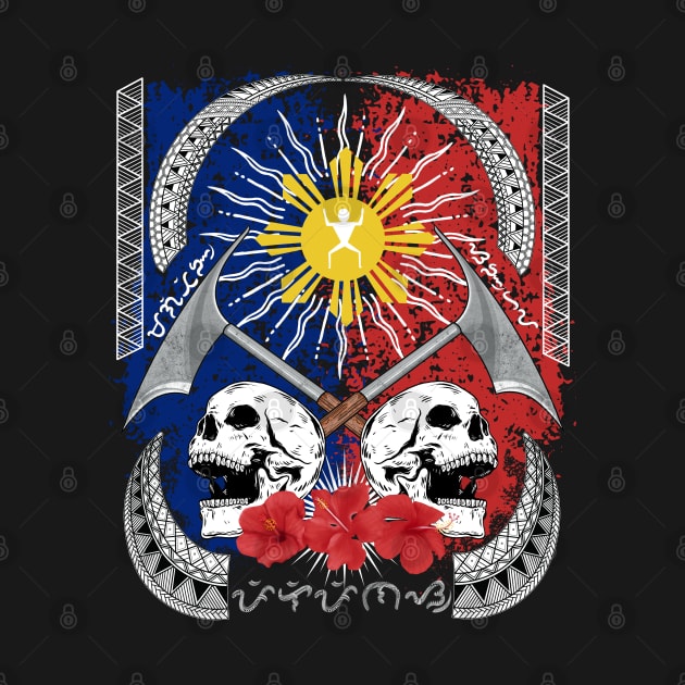 Philippine Flag Sun / Headhunter / Baybayin word Pilipinas-Magiting-Sanghaya (Philippines-Heroic-Dignity) by Pirma Pinas