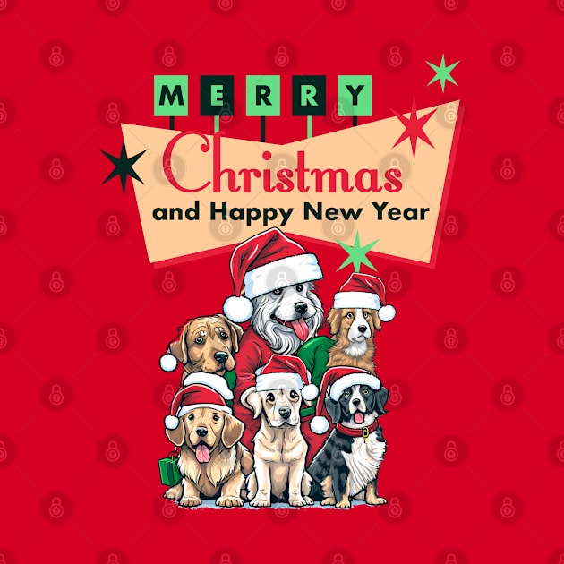 Retro Christmas Dog Design - Cute Dogs with Santa Hats Under a Retro Sign by THE Dog Designs