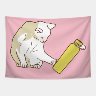 Cat knocking yellow water bottle Tapestry