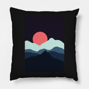 Minimalist Sunset at The Blue Black Mountainous Landscape Graphic Illustration Pillow