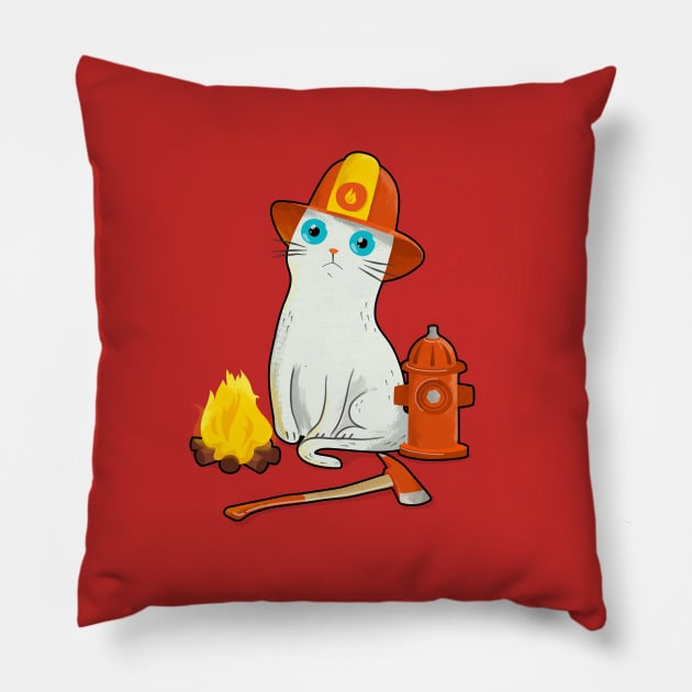 Intense Gaze Fireman Cat - Funny White Cat Pillow by zorrorojo