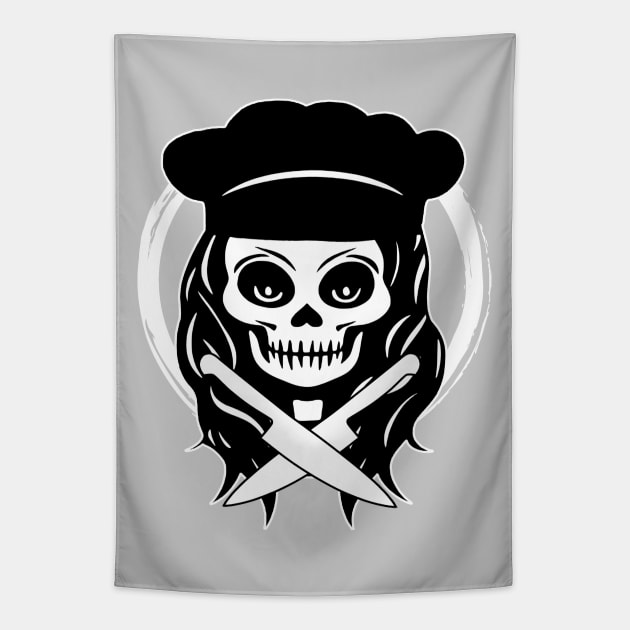 Female Chef Skull and Knives White Logo Tapestry by Nuletto