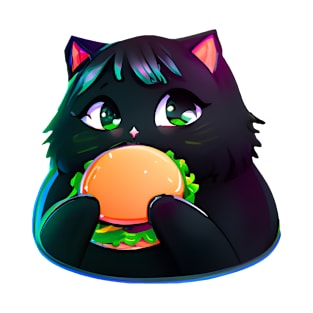 Black Fat cat eating burger T-Shirt