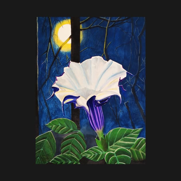 Moonflower in the Moonlight Watercolor Painting by julyperson