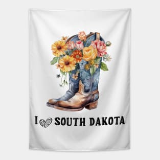 I Love South Dakota Boho Cowboy Boots with Flowers Watercolor Art Tapestry