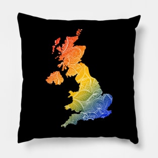 Colorful mandala art map of United Kingdom with text in blue, yellow, and red Pillow