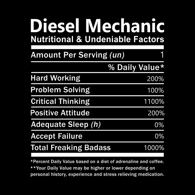 Diesel Mechanic T Shirt - Nutritional and Undeniable Factors Gift Item Tee by Ryalgi