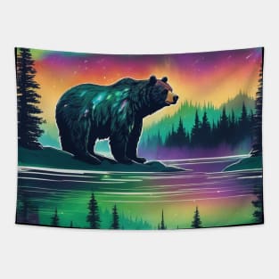 Brown Bear with Forest and Borealis, Colorful, Beautiful Tapestry