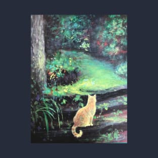 Leon The Neon Cat at the Entrance of the Enchanted Forest.  from an Original Cat painting by Susan Nimbley, Art des Rapides T-Shirt