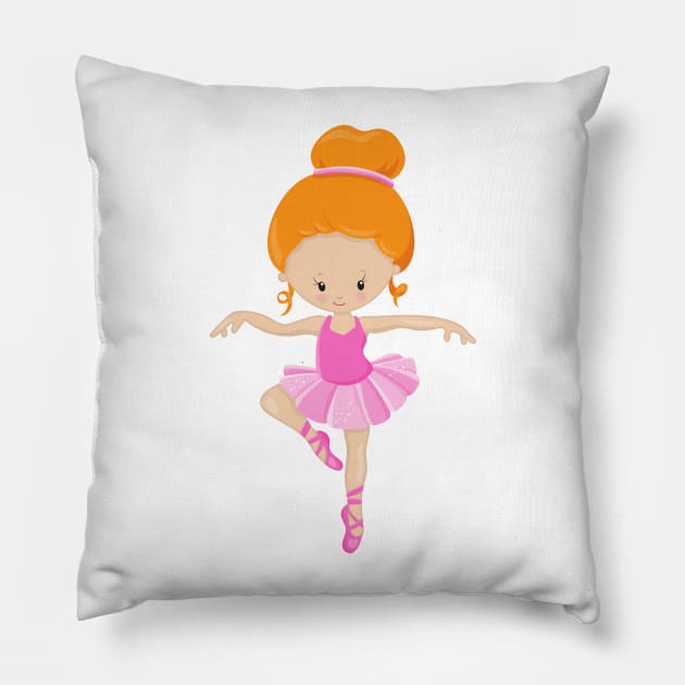 Ballerina, Ballet Girl, Ballet Dance, Orange Hair Pillow by Jelena Dunčević