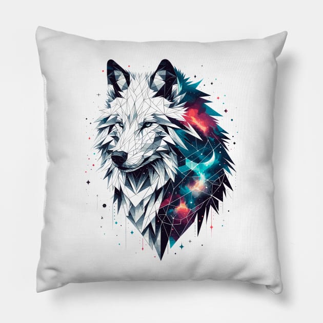 Cosmic Canine: Geometric Wolf Pillow by Graphic Wonders Emporium