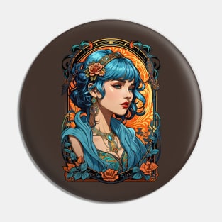 Bohemian Blue Haired woman retro vintage floral design Pin