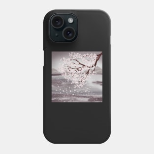 Cherry blossom branch. Water landscape watercolor illustration. Sakura flowers spring scenery Phone Case