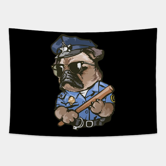 Pug Cartoon funny pugs dog police officer illustration Tapestry by sports_hobbies_apparel