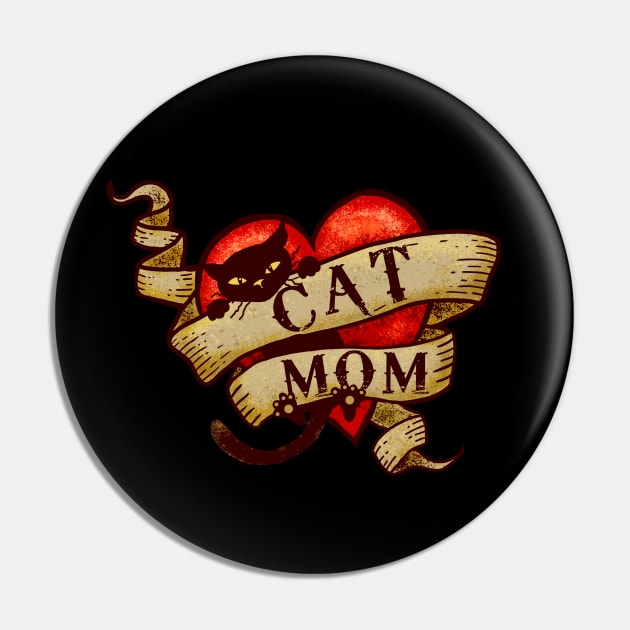 Cat Mom in Retro Heart Tattoo Style Pin by Jitterfly
