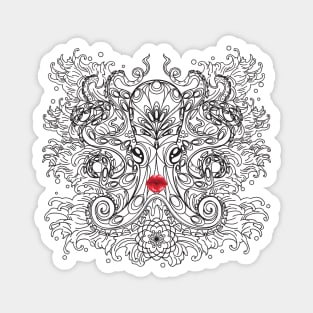 Black and White Vintage Stylised Octopus with Lips Magnet