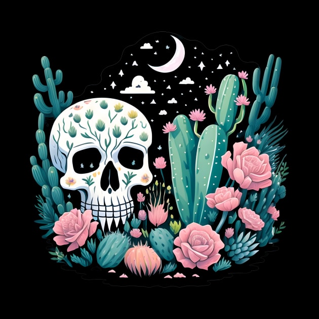 Cactus and Skull with Flowers Starry Night Moon and Stars by Shaymalily