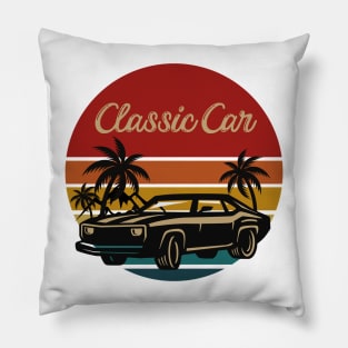 classic car retro  vintage aesthetic sunset circle with palms and mountains, gift for dad, retro designs for car lovers Pillow