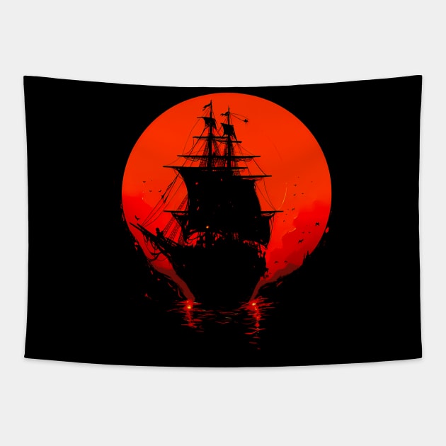 Red moon and boat Tapestry by NemfisArt