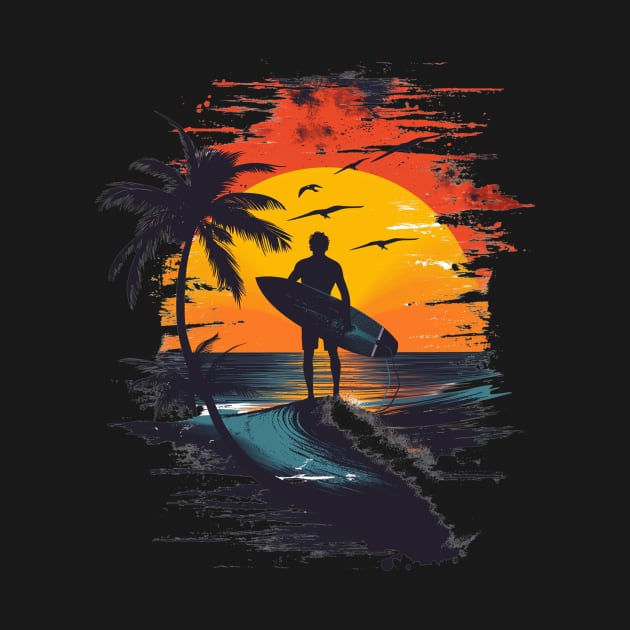 Sunset Surf Serenity - Palm and Surfer Silhouette by Visual Arts Oasis