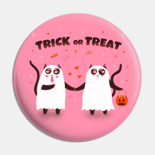 Trick or treat. Black ghost cats Halloween illustration Pin