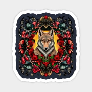 North Dakota Coyote Surrounded By Prairie Rose Tattoo Art Magnet