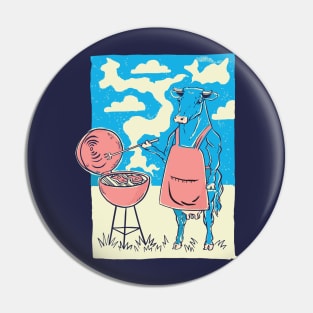 Funny Cow Grilling Steaks Retro Illustration Pin