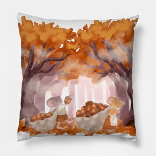 Cottagecore Mice Collecting Acorns on a Foggy Fall Morning Pillow