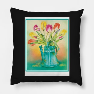 Lovely fresh colorful tulips in an vintage watering can, water color Pillow