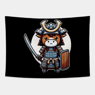 Kawaii Samurai Animal Cow Warrior with Katana Shield Cute Tapestry