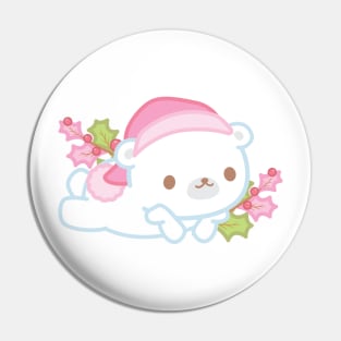 Cute Little White Polar Bear Wearing a Santa Hat Thinking About Christmas Pin