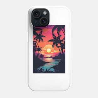 Illustration of an 80s Synthwave retro sunset with palm trees on the beach Phone Case