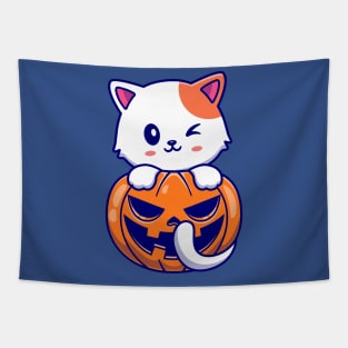 Cute Cat With Pumpkin Halloween Cartoon Tapestry