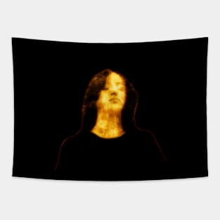 Beautiful girl, with closed eyes. Dark but beautiful. Black and yellow. Glowing. Tapestry