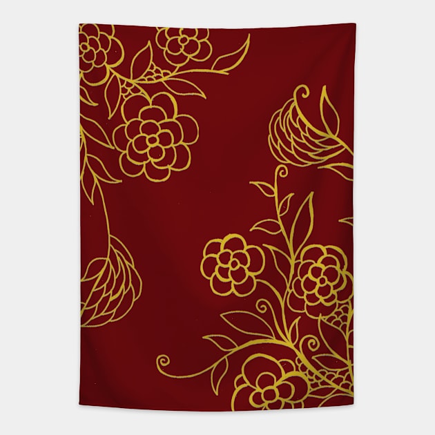 Red and Golden Floral Ornaments Tapestry by ZeichenbloQ