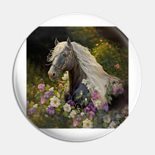 Black Horse with White  Mane Flowers Pin