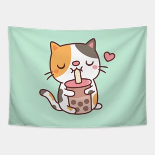 Cute Calico Cat Loves Drinking Boba Tea Tapestry