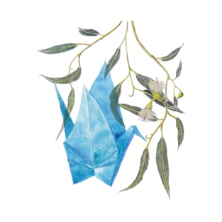 Blue origami paper crane & eucalyptus branch T-Shirt