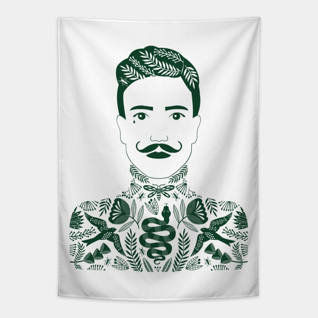 Tattoo Man dark green Tapestry by Maggiemagoo Designs