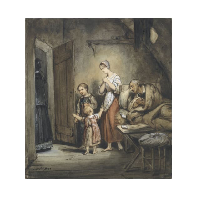 Sick Man in Bed with a Wife and Two Children Next to Him by Ary Scheffer by Classic Art Stall