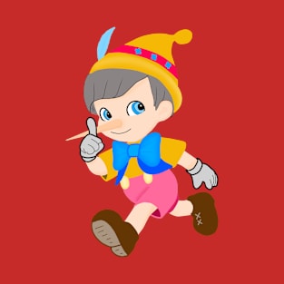 Drawing of a boy dressed like the cartoon Pinocchio, running fun. T-Shirt