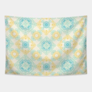 Yellow and blue granny squares over cream Tapestry