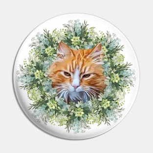 Handsome Orange Tomcat with Leafy Flower Background, Digital Cat Painting Pin