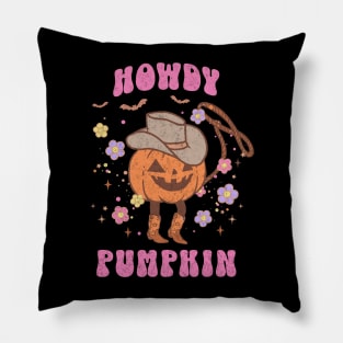 Western Halloween Howdy Pumpkin Pink Jack O Lantern Retro Cowboy Dark Pillow