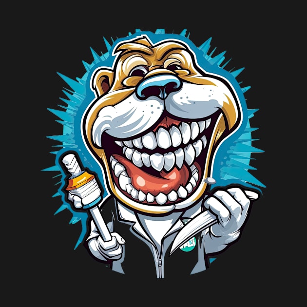 An illustration of an English bulldog wearing a dentist coat and holding a toothbrush by teestore_24