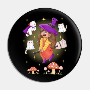 Cute Girl Flying With Cat Dracula And Ghosts Pin