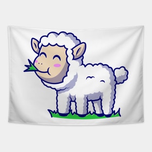 Cute Sheep Eating Grass Cartoon Vector Icon Illustration Tapestry