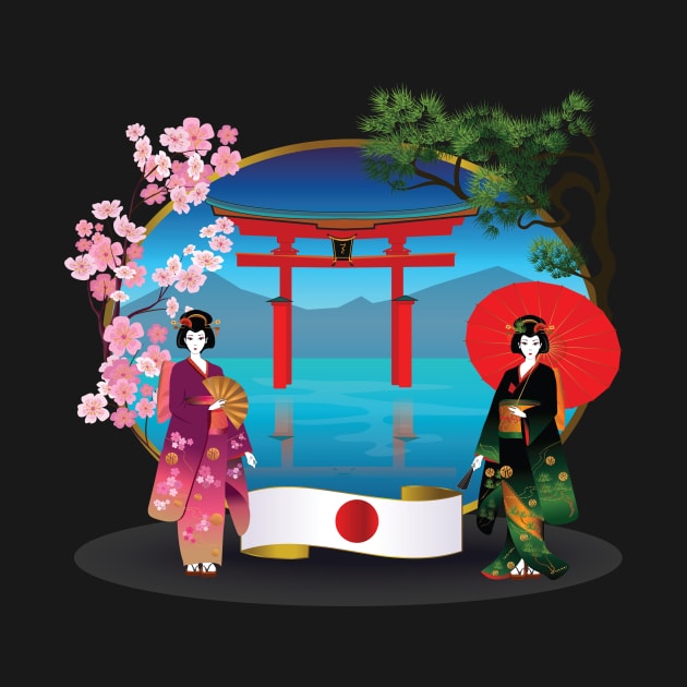 Geishas with Flag of Japan and Sakura by XOZ