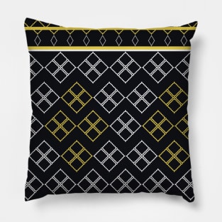 The black background fabric pattern is contrasted with white and yellow. Pillow