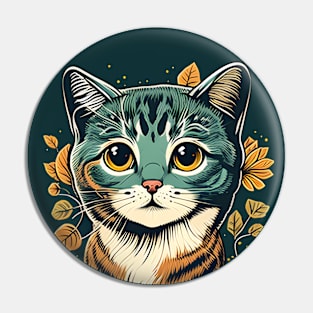 Colorful retro vintage cat with flowers Pin